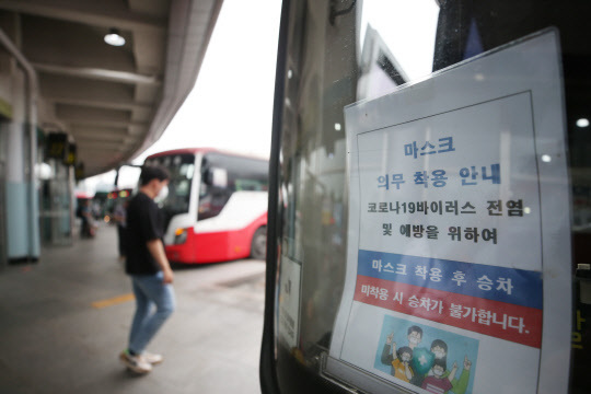 '거리두기 2단계' 버스탈땐 마스크 필수   6일 오후 광주 서구 유스퀘어종합터미널에서 시민들이 마스크를 쓰고 버스표를 구입하고 있다.  광주=연합뉴스